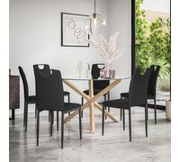 More4Homes Malvern Round Dining Table & Chairs - Clear Glass Table Top w Solid Oak Legs + Monza Faux Leather Dining Chair Set Of 6 in Black More4Homes Black