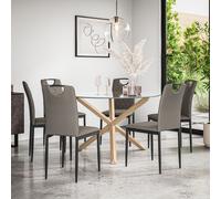 More4Homes Malvern Round Dining Table & Chairs - Clear Glass Table Top w Solid Oak Legs + Monza Faux Leather Dining Chair Set Of 6 in Grey More4Homes Grey