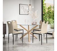 Malvern Round Dining Table And Chairs - Clear Glass Table Top w Solid Oak Legs + Monza Faux Leather Dining Chair Set Of 4 More4Homes Beige One Size