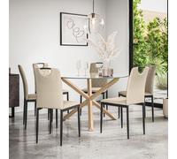 Malvern Round Dining Table And Chairs - Clear Glass Table Top w Solid Oak Legs + Monza Faux Leather Dining Chair Set Of 6 More4Homes Beige One Size
