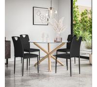 Malvern Round Dining Table And Chairs - Clear Glass Table Top w Solid Oak Legs + Monza Faux Leather Dining Chair Set Of 4 More4Homes Black One Size