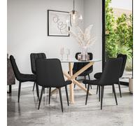 Malvern Round Dining Table And Chairs - Clear Glass Table Top w Solid Oak Legs + Nova Faux Leather Dining Chair Set Of 6 More4Homes Black One Size