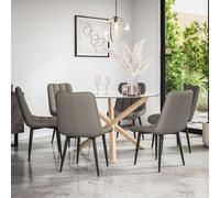 Malvern Round Dining Table And Chairs - Clear Glass Table Top w Solid Oak Legs + Nova Faux Leather Dining Chair Set Of 6 More4Homes Grey One Size