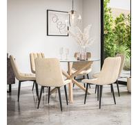 Malvern Round Dining Table And Chairs - Clear Glass Table Top w Solid Oak Legs + Nova Velvet Dining Chair Set Of 6 More4Homes Beige One Size