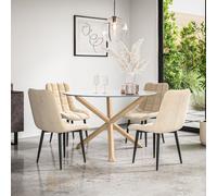 Malvern Round Dining Table And Chairs - Clear Glass Table Top w Solid Oak Legs + Nova Velvet Dining Chair Set Of 4 More4Homes Beige One Size