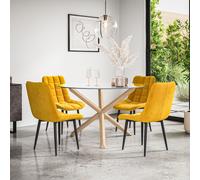 Malvern Round Dining Table And Chairs - Clear Glass Table Top w Solid Oak Legs + Nova Velvet Dining Chair Set Of 4 More4Homes Mustard One Size