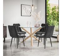 More4Homes Malvern Round Dining Table & Chairs - Clear Glass Table Top w Solid Oak Legs + Nova Velvet Dining Chair Set Of 4 in Black More4Homes Black