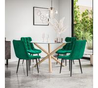 More4Homes Malvern Round Dining Table & Chairs - Clear Glass Table Top w Solid Oak Legs + Nova Velvet Dining Chair Set Of 4 in Green More4Homes Green