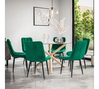 More4Homes Malvern Round Dining Table & Chairs - Clear Glass Table Top w Solid Oak Legs + Nova Velvet Dining Chair Set Of 6 in Green More4Homes Green