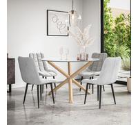 More4Homes Malvern Round Dining Table & Chairs - Clear Glass Table Top w Solid Oak Legs + Nova Velvet Dining Chair Set Of 4 in Grey More4Homes Grey