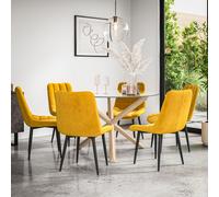 Malvern Round Dining Table And Chairs - Clear Glass Table Top w Solid Oak Legs + Nova Velvet Dining Chair Set Of 6 More4Homes Mustard One Size