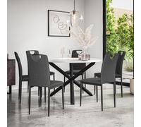 More4Homes Malvern Round Dining Table & Chairs - Marble Table Top w Solid Oak Black Legs + Monza Fabric Dining Chair Set Of 6 in Charcoal More4Homes Charcoal
