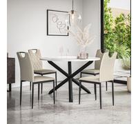 Malvern Round Dining Table And Chairs - Marble Table Top w Solid Oak Black Legs + Monza Fabric Dining Chair Set Of 4 More4Homes Beige One Size