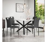 More4Homes Malvern Round Dining Table & Chairs - Marble Table Top w Solid Oak Black Legs + Monza Fabric Dining Chair Set Of 4 in Charcoal More4Homes Charcoal