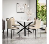 Malvern Round Dining Table And Chairs - Marble Table Top w Solid Oak Black Legs + Monza Faux Leather Dining Chair Set Of 4 More4Homes Beige One Size