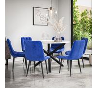 More4Homes Malvern Round Dining Table And Chairs - Marble Table Top W Solid Black Oak Legs + Nova Velvet Dining Chair Set Of 6 (Blue)
