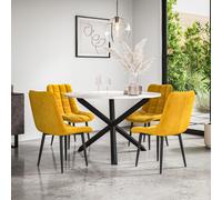 Malvern Round Dining Table And Chairs - Marble Table Top w Solid Oak Black Legs + Nova Velvet Dining Chair Set Of 4 More4Homes Mustard One Size