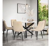 (Beige) Malvern Round Marble Effect Dining Table Set Black Oak Leg 4-6 Nova Velvet Chair