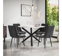 More4Homes Malvern Round Dining Table & Chairs - Marble Table Top w Solid Oak Black Legs + Nova Velvet Dining Chair Set Of 4 More4Homes Black