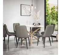(Grey) Malvern Round Marble Effect Dining Table Set w Oak Legs w 4-6 Nova Dining Chairs