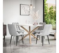 More4Homes Malvern Round Dining Table And Chairs - Marble Table Top W Solid Oak Legs + Nova Velvet Dining Chair Set Of 4 (Grey)
