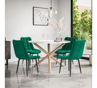 More4Homes Malvern Round Dining Table And Chairs - Marble Table Top W Solid Oak Legs + Nova Velvet Dining Chair Set Of 4 (Green)