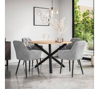 (Grey) Malvern Round Oak Effect Dining Table Set Black Oak Legs w 4 Anika Velvet Chair