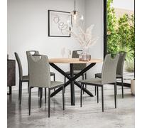 More4Homes Malvern Round Dining Table And Chairs - Oak Table Top W Solid Oak Black Legs + Monza Fabric Dining Chair Set Of 6 (Grey)