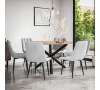 More4Homes Malvern Round Dining Table And Chairs - Oak Table Top W Solid Black Oak Legs + Nova Velvet Dining Chair Set Of 6 (Grey)