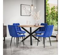 More4Homes Malvern Round Dining Table & Chairs - Oak Table Top w Solid Oak Black Legs + Nova Velvet Dining Chair Set Of 4 in Blue More4Homes Blue