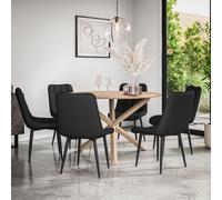 More4Homes Malvern Round Dining Table & Chairs - Oak Table Top w Solid Oak Legs + Nova Faux Leather Dining Chair Set Of 6 in Black More4Homes Black