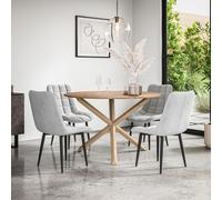 More4Homes Malvern Round Dining Table & Chairs - Oak Table Top w Solid Oak Legs + Nova Velvet Dining Chair Set Of 4 in Grey More4Homes Grey