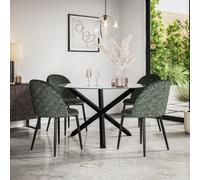 More4Homes Malvern Round Glass Dining Table And Chairs - Glass Top W Solid Black Oak Legs + Raye Velvet Dining Chair Green Set Of 6