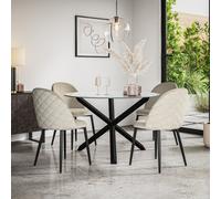 More4Homes Malvern Round Glass Dining Table And Chairs - Glass Top W Solid Black Oak Legs + Raye Velvet Dining Chair Beige Set Of 6
