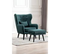 More4Homes Winslow Wing Back Occasional Bedroom Living Room Button Back Linen Fabric Accent Chair Armchair (Green W Footstool)