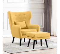 More4Homes Winslow Wing Back Occasional Bedroom Living Room Button Back Linen Fabric Accent Chair Armchair (Mustard W Footstool)
