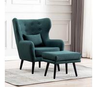 More4Homes Winslow Wing Back Occasional Bedroom Living Room Button Back Linen Fabric Accent Chair Armchair (Green W Footstool)