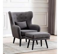 More4Homes Winslow Wing Back Occasional Bedroom Living Room Button Back Linen Fabric Accent Chair Armchair (Grey W Footstool)