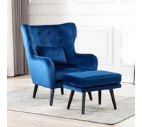 More4Homes Winslow Wing Back Occasional Bedroom Living Room Button Back Velvet Fabric Accent Chair Armchair (Blue W Footstool)