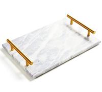 Moreast Genuine Marble Tray Bathroom Tray with Golden Handle, Natural Stone Decorative Tray with Metal Handle for Bathroom Kitchen Vanity Dresser Nightstand Desk, 11.8" x 7.9" Gray