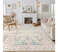 Morebes 6x9 Area Rugs for Living Room Non Slip, Washable Light Pink Rugs for Bedroom Girls Floral Print, Soft Low-Pile Boho Indoor Carpet for Nursery Kids Room Home Decor, Pink/Green