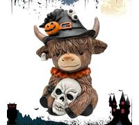Moreeulsi Halloween Spider Pumpkin Scottish Highland Cow Statue Resin Desktop Ornament For Home Office Desk Decor Festival Party Shelf Display
