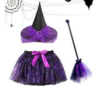 Moreeulsi Halloween Witch Costumes for Girls - Child Witch Costume Accessories Kit With Broom And Skirt - Adjustable Halloween Cosplay Supplies for Kids Child Teenager Girl Boy