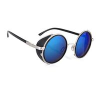 Morefaz Steampunk Sunglasses Mirrored 50s Round Glasses Cyber Goggles Vintage Retro Hippy Style Men's Women's Original Mirror Lens MFAZ Ltd (Blue/Gold Mirror Lens)