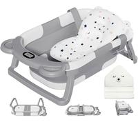 MoreFeel Collapsible Baby Bathtub for Newborn with Thermometer & 1 Hooded Towel & 1 Soft Floating Cushion,Portable Travel Bathtub with Drain Hole, Durable Foldable Baby Tubs for Infants to Toddler