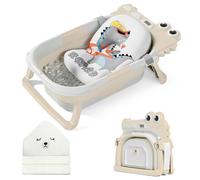 MoreFeel Collapsible Baby Bathtub for Newborn with Thermometer & 1 Hooded Towel & 1 Soft Floating Cushion,Portable Travel Bathtub with Drain Hole, Durable Foldable Baby Tubs for Infants to Toddler