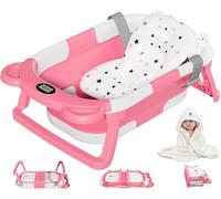 MoreFeel Collapsible Baby Bathtub for Newborn with Thermometer & 1 Hooded Towel & 1 Soft Floating Cushion,Portable Travel Bathtub with Drain Hole, Durable Foldable Baby Tubs for Infants to Toddler