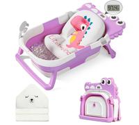 MoreFeel Collapsible Baby Bathtub for Newborn with Thermometer & 1 Hooded Towel & 1 Soft Floating Cushion,Portable Travel Bathtub with Drain Hole, Durable Foldable Baby Tubs for Infants to Toddler