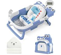 MoreFeel Collapsible Baby Bathtub for Newborn with Thermometer & 1 Hooded Towel & 1 Soft Floating Cushion,Portable Travel Bathtub with Drain Hole, Durable Foldable Baby Tubs for Infants to Toddler