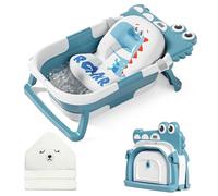 MoreFeel Collapsible Baby Bathtub for Newborn with Thermometer & 1 Hooded Towel & 1 Soft Floating Cushion,Portable Travel Bathtub with Drain Hole, Durable Foldable Baby Tubs for Infants to Toddler